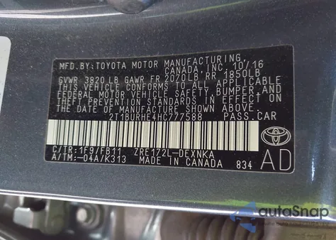 2017 Toyota Corolla Le из США, поврежденный, VIN 2T1BURHE4HC777588